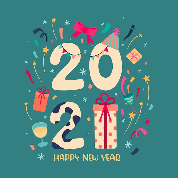Happy new year 2021 party poster or banner with  gift box icons