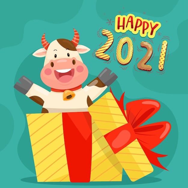 Vettore gratuito felice anno nuovo 2021 con carattere di anthurium sorridente