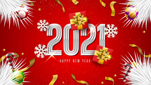 Happy new year 2021 with gift boxes, snowflakes and confetti