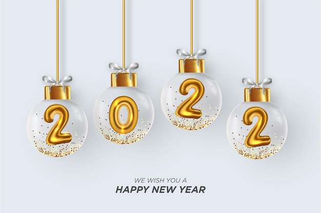 Happy new year 2022 background with realistic 3d christmas ball