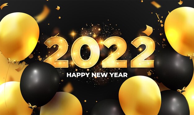 С новым годом 2022 фон с реалистичными золотыми шарами