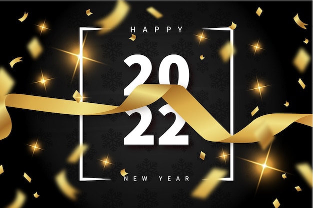 Happy new year 2022 background with realistic golden ribbon