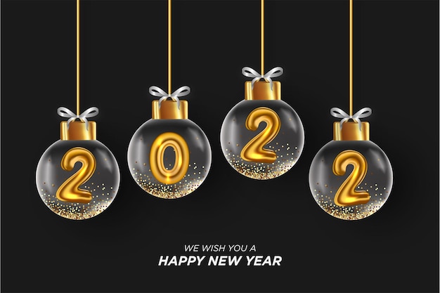 Happy new year 2022 banner background with realistic christmas balls
