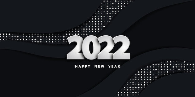 Happy new year 2022 black background with silver numbers and dot pattern