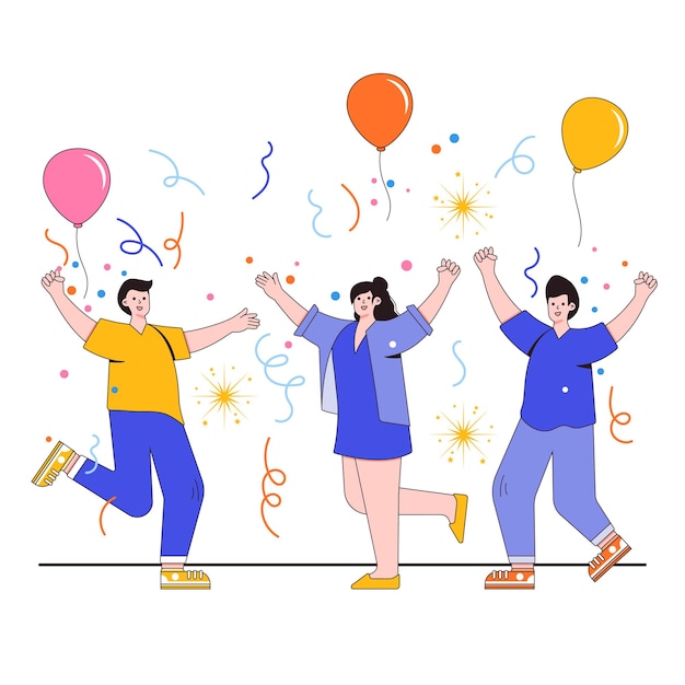 Happy new year 2022 concept with group of people celebrating in flat design. party dance with balloons. vector illustration for background, greeting card, social media banner.