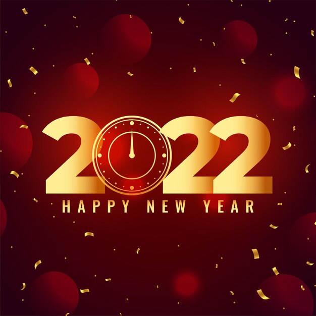 Happy new year 2022 confetti celebration card with clock