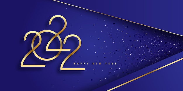 Happy new year 2022 festive blue background with 3d gold numbers and glitter