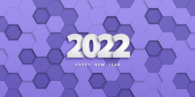 Happy new year 2022 festive violet background in paper style with hexagons