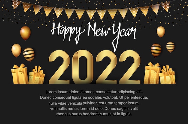 Happy new year 2022 golden number with party element isolated on black background