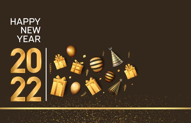 Happy new year 2022 golden number with party element isolated on brown background