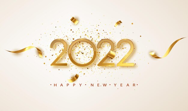 明けましておめでとうございます2022年。白い背景にリボンと紙吹雪と黄金の数字。クリスマスと冬の休日のヘッダー、パーティーのチラシのバナー。