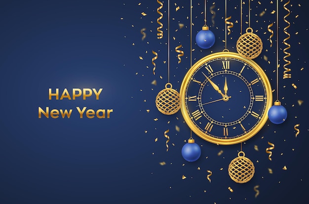 Happy new year 2022. golden shiny watch with roman numeral and countdown midnight, eve for new year. background with shining gold and blue balls. merry christmas. xmas holiday. vector illustration.