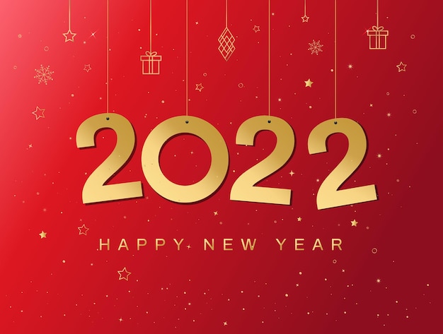 Happy new year 2022 greeting card hanging golden 2022 numbers glitter background with gold stars