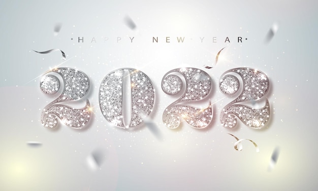 Happy new year 2022 greeting card with silver numbers and confetti frame on white background. vector illustration. merry christmas flyer or poster design.