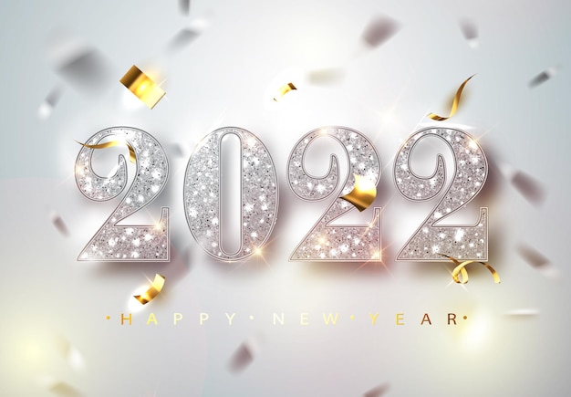 Happy new year 2022 greeting card with silver numbers and confetti frame on white background. vector illustration. merry christmas flyer or poster design