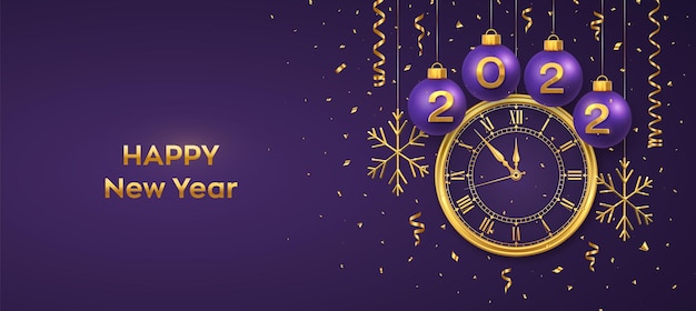 Happy new year 2022. hanging purple christmas bauble balls with realistic gold numbers 2022 and snowflakes. watch with roman numeral and countdown midnight, eve for new year. merry christmas. vector.