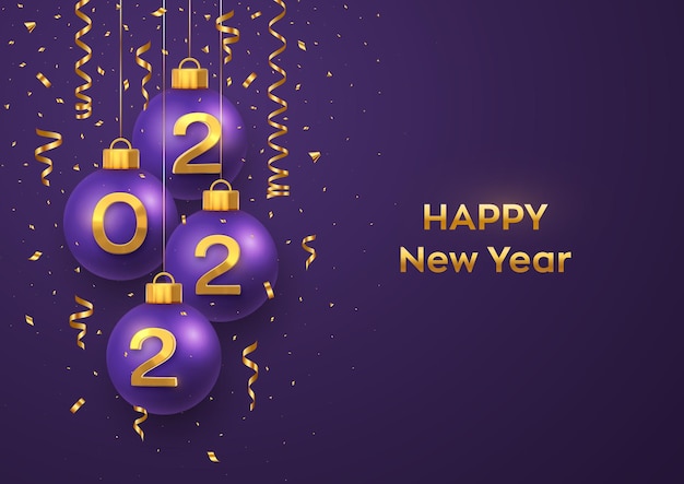 Happy new year 2022. hanging purple christmas bauble balls with realistic golden 3d numbers 2022 and glitter confetti. greeting card. holiday xmas new year poster, banner, flyer. vector illustration.