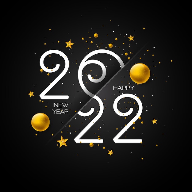新年あけましておめでとうございます2022年タイポグラフィ番号ゴールドスターとクリスマスの装飾用ボールのイラスト