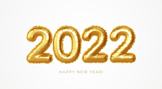 Happy new year 2022 metallic gold foil balloons on a white background. Golden helium balloons number 2022 New Year. Ve3ctor illustration EPS10