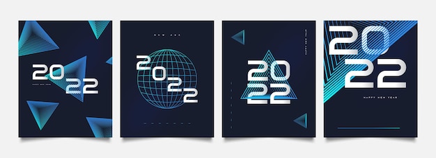 2022년 새해 복 많이 받으세요 포스터 세트는 미래적이고 화려한 스타일입니다. 2022 텍스트 번호 디자인 템플릿. 전단지, 포스터, 브로셔, 카드, 배너 또는 엽서에 대 한 새 해 축 하 디자인 서식 파일