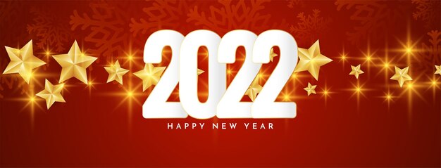 Happy new year 2022 red banner with glossy golden stars vector