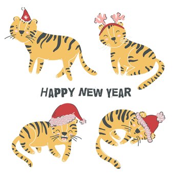 Happy new year 2022 set of little cute tigers symbol of chinese new year flat scandinavian style