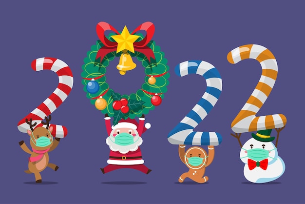 2022년 새해 복 많이 받으세요 산타클로스와 팀 리프팅 2020 오버헤드. 크리스마스 카드, 초대장, 배너, 포스터 및 웹사이트 축하 장식을 위한 메리 크리스마스 컷아웃 요소