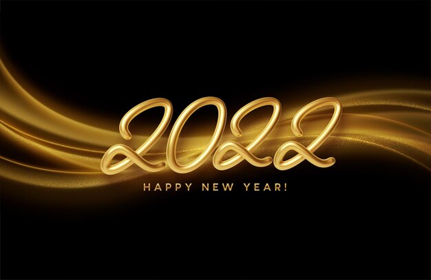 Happy New Year 2022 with golden waves and golden sparkles on black background