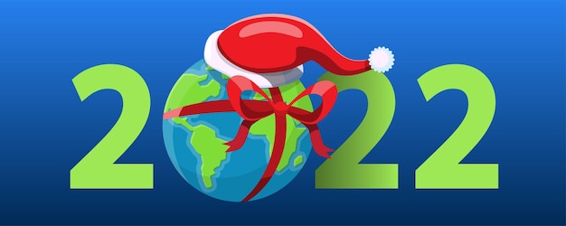 Vettore gratuito felice anno nuovo 2022 con un babbo natale presenta una confezione regalo per le persone del mondo. elemento di ritaglio di buon natale per biglietti di auguri, inviti, banner, poster e decorazioni per la celebrazione del sito web