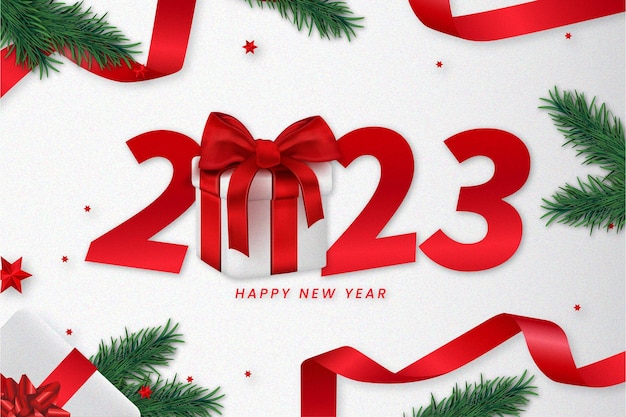 Free vector happy new year 2023 banner with realistic gift