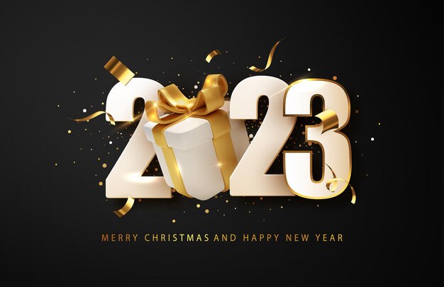 Happy New Year 2023 design with gift box Holyday decorative elements on dark background Vector illustration