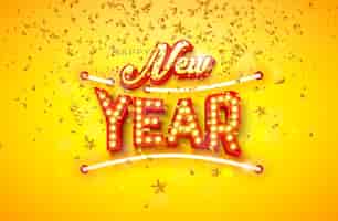 Vettore gratuito happy new year 2023 design con luce al neon incandescente e scritte a forma di lampadina su sfondo giallo