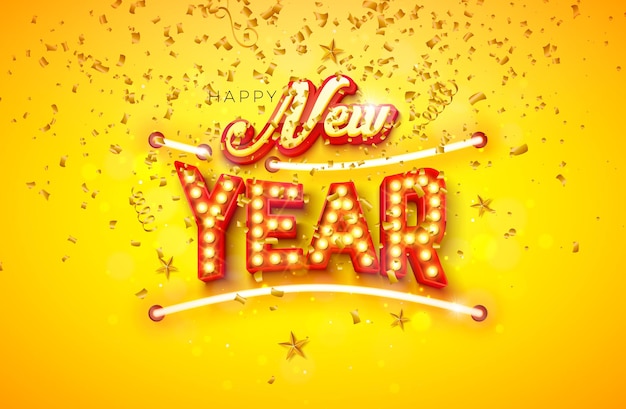 Free vector happy new year 2023 design with glowing neon light and marquee bulb lettering on yellow background