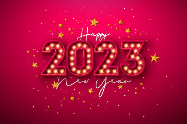 Happy new year 2023 illustration with glowing light bulb number and gold star on red background
