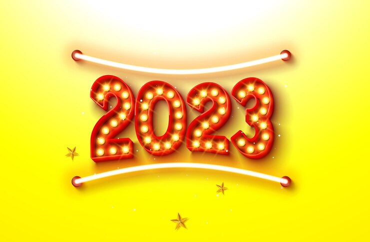 Free Vector happy new year 2023 illustration with glowing neon pipe and light bulb number on yellow background