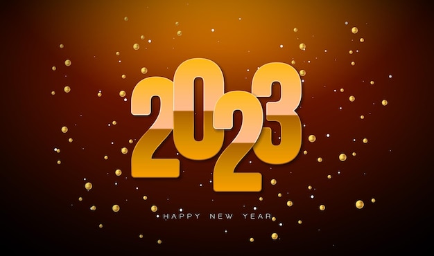 Free vector happy new year 2023 illustration with gold number and golden pearl on shiny background
