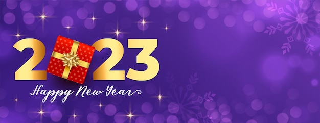 Happy new year 2023 purple banner in bokeh background