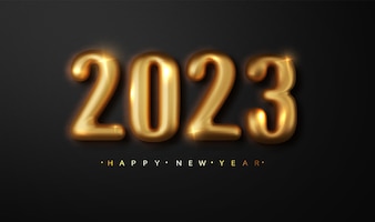 免费矢量新年快乐2023现实的黄金数在黑色背景贺卡