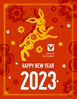Free vector happy new year 2023 vertical poster with rabbit chinese zodiac sign in red and yellow colors flat vector illustration