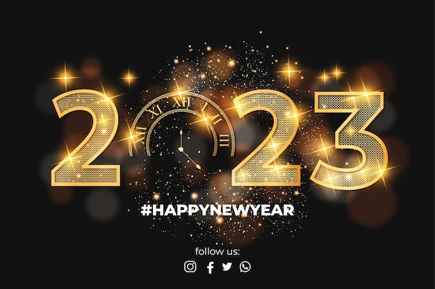 Vettore gratuito felice anno nuovo 2023 con banner dorato realistico