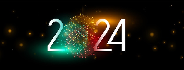 Vettore gratuito felice nuovo anno 2024 striscia di celebrazione con fuochi d'artificio che scoppiano vettore