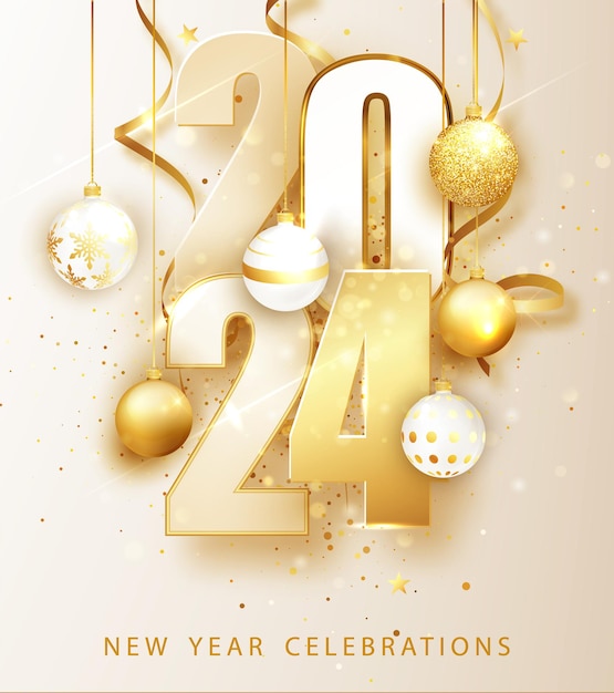 Free vector happy new year 2024 holiday vector illustration of numbers 2024 gold numbers design of greeting card