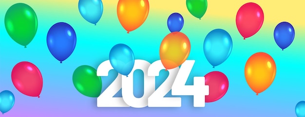 Happy new year 2024 party celebration banner with colorful balloon vector