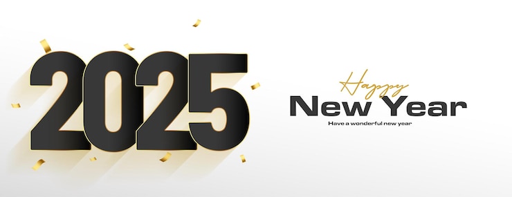 Free Vector happy new year 2025 white banner with golden confetti
