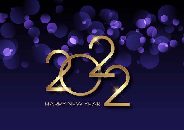 Happy new year background with bokeh lights and gold lettering Free Vector