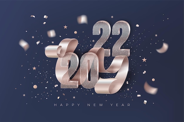 Happy new year background with bronze ribbon and 2022 numerals stars balls confetti
