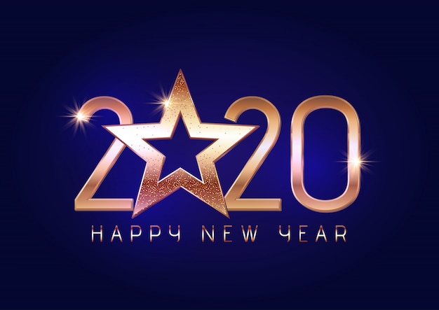 Free vector happy new year background with gold lettering and star