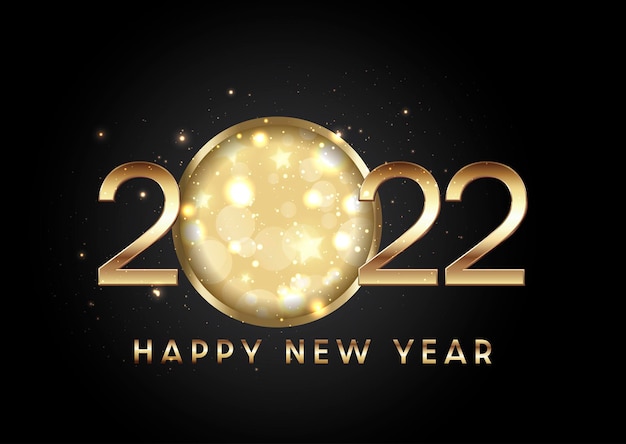 Happy new year background with gold letters and numbers with bokeh lights and stars design
