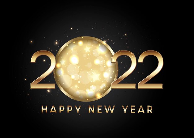 Happy New Year background with gold letters and numbers with bokeh lights and stars design