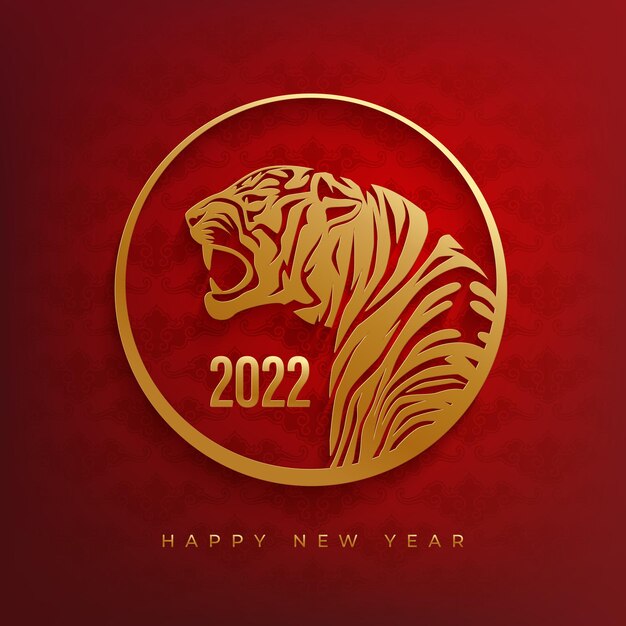 Happy new year background with golden tiger on a red backdrop